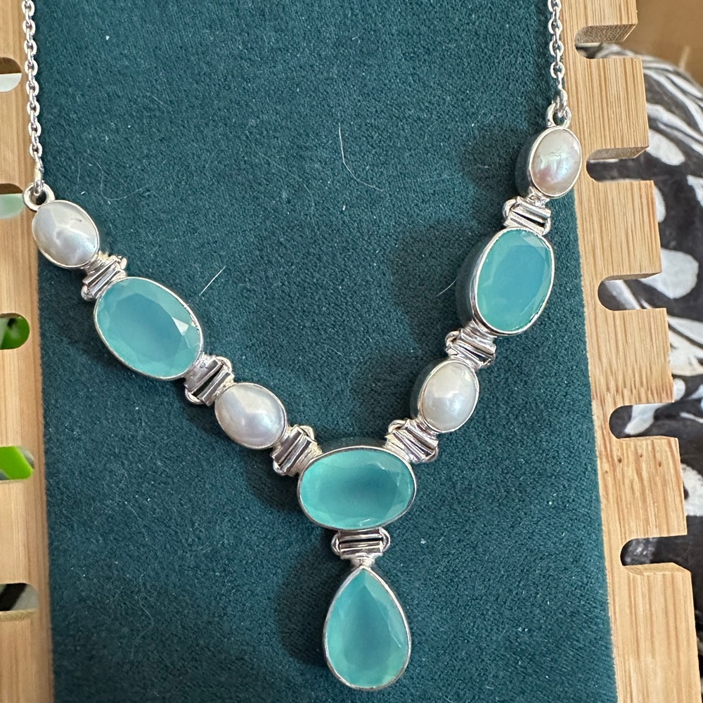 Sterling Silver Aqua Chalcedony Necklace on an 18” Chain